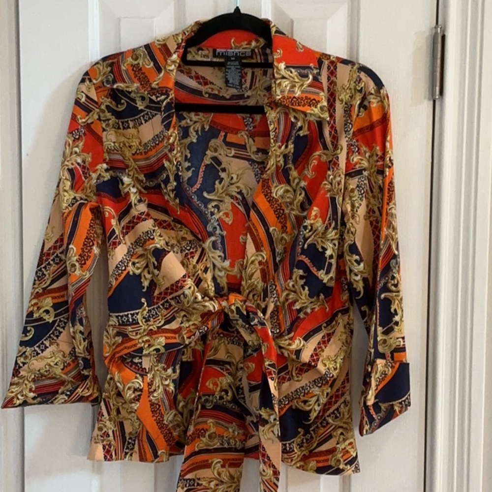 NWOT Mishca Navy, Orange & Gold Baroque Tie-Front Blouse